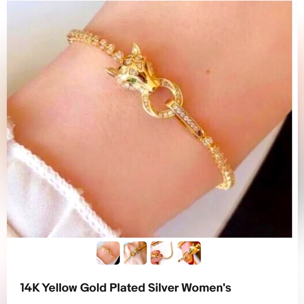 Unbelievably Gorgeous, Panther Head 14 Karat Gold Overlay Platinum Bracelet